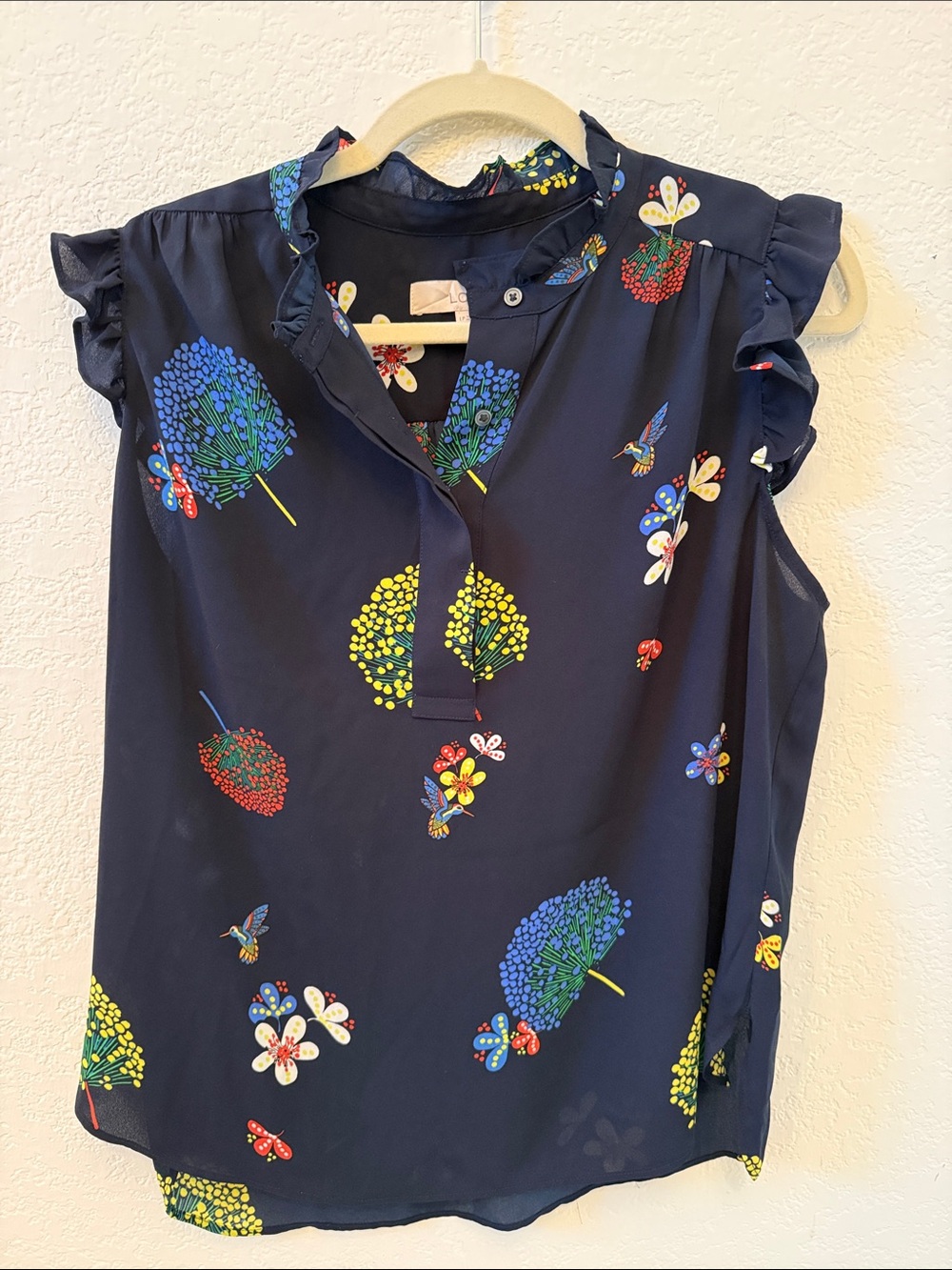 LOFT Women’s Navy Floral Ruffle Sleeve Top